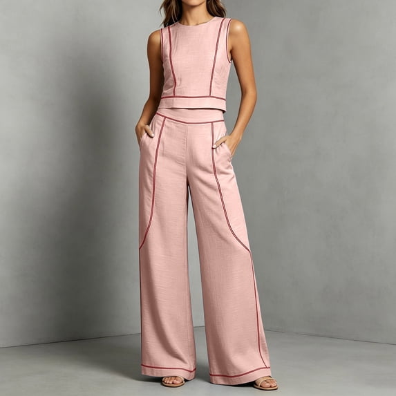 Womens 2 Piece Color Blocked Suits Sleeveless Crew Neck Tops Wide Leg High Waist Trousers Summer Comfy Fashion Set Pink XL