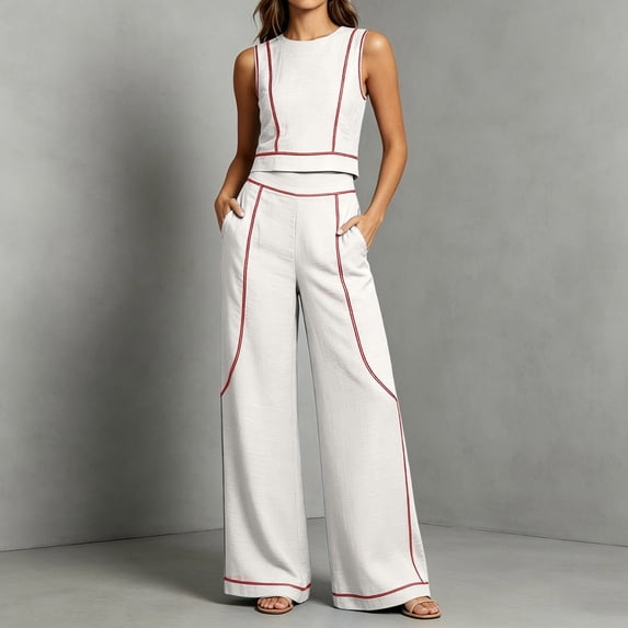 Womens 2 Piece Color Blocked Suits Sleeveless Crew Neck Tops Wide Leg High Waist Trousers Summer Comfy Fashion Set White XXL