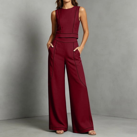Womens 2 Piece Color Blocked Suits Sleeveless Crew Neck Tops Wide Leg High Waist Trousers Summer Comfy Fashion Set Wine L