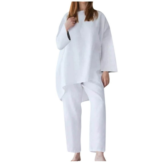 Womens 2 Piece Cotton Linen Outfits Casual Loose Crewneck Half/Long Sleeve Tops and Pants Matching Sets Tracksuits