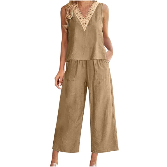 Womens 2 Piece Cotton Linen Outfits Casual V Neck Lace Trim Sleeveless Tank Tops Wide Leg Capri Pants Lounge Sets