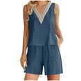 thumbnail image 1 of Womens 2 Piece Cotton Linen Outfits Casual V Neck Lace Trim Sleeveless Tank Tops and Wide Leg Shorts Lounge Sets Dark Blue, 1 of 6