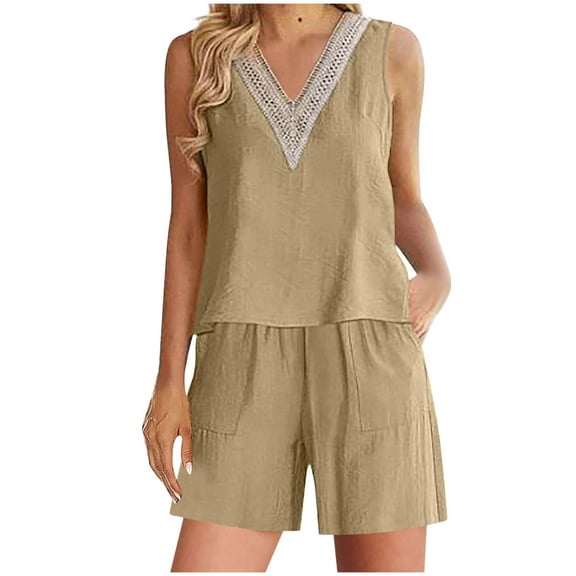 Womens 2 Piece Cotton Linen Outfits Casual V Neck Lace Trim Sleeveless Tank Tops and Wide Leg Shorts Lounge Sets Khaki
