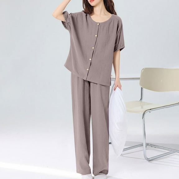 Womens 2 Piece Cotton-Pajamas Sets Casual Short Sleeve Button Up Shirts Pants Sleepwear Ladies Solid Comfort Loungewear Outfits Christmas Pajamas