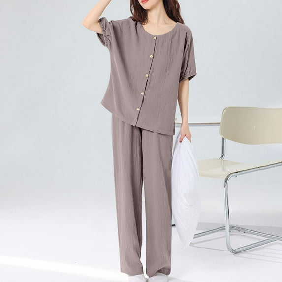 Womens 2 Piece Cotton-Pajamas Sets Casual Short Sleeve Button Up Shirts Pants Sleepwear Ladies Solid Comfort Loungewear Outfits Clearance Christmas Pajamas