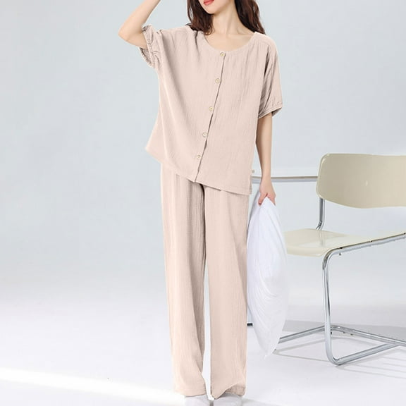 Womens 2 Piece Cotton-Pajamas Sets Casual Short Sleeve Button Up Shirts Pants Sleepwear Ladies Solid Comfort Loungewear Outfits