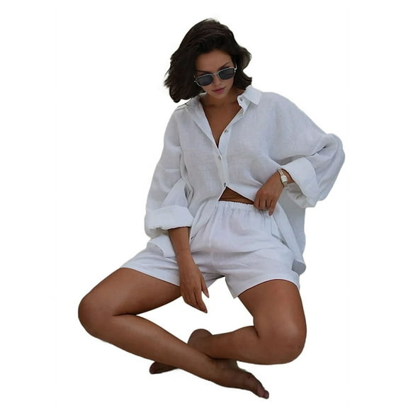 Womens 2 Piece Cover Ups Set Cotton Beach Short Sets Short Sleeve Button Down Shirt Shorts Resort Wear 2025 Pure White S