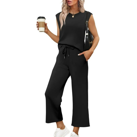 Womens 2 Piece Crew Neck Matching Summer Tracksuit Set Sleeveless Tank Top Wide Leg Crop Pant Sets Black S