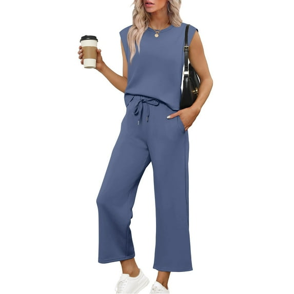 Womens 2 Piece Crew Neck Matching Summer Tracksuit Set Sleeveless Tank Top Wide Leg Crop Pant Sets Royal Blue M