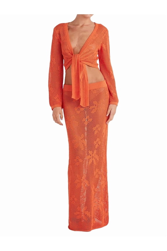 Womens 2 Piece Crochet Cover Up Matching Set with Long Sleeve Tie Knot Crop Tops and Drawstring Skirts Orange Red M