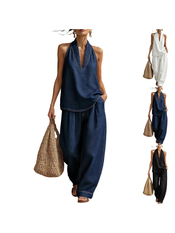 Womens 2 Piece Denim Outfits Fashion Sleeveless V Neck Halter Top Matching Baggy Wide Leg Pants Set Airport Beach Vacation Clothes