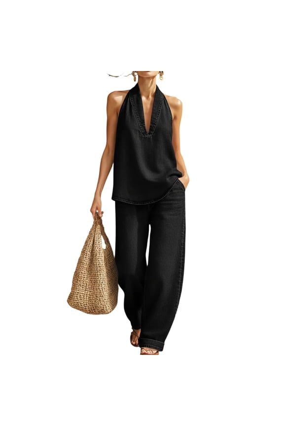 Womens 2 Piece Denim Outfits, Minimalist Halter Neck Top and High Waisted Wide Leg Pants Travel Matching Set Black M
