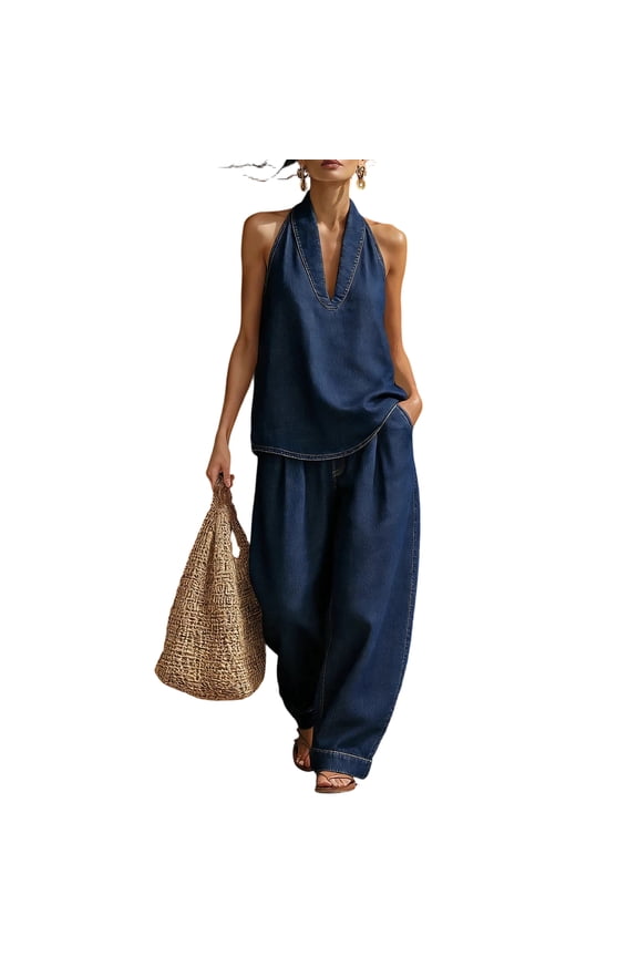 Womens 2 Piece Denim Outfits, Minimalist Halter Neck Top and High Waisted Wide Leg Pants Travel Matching Set Gray M
