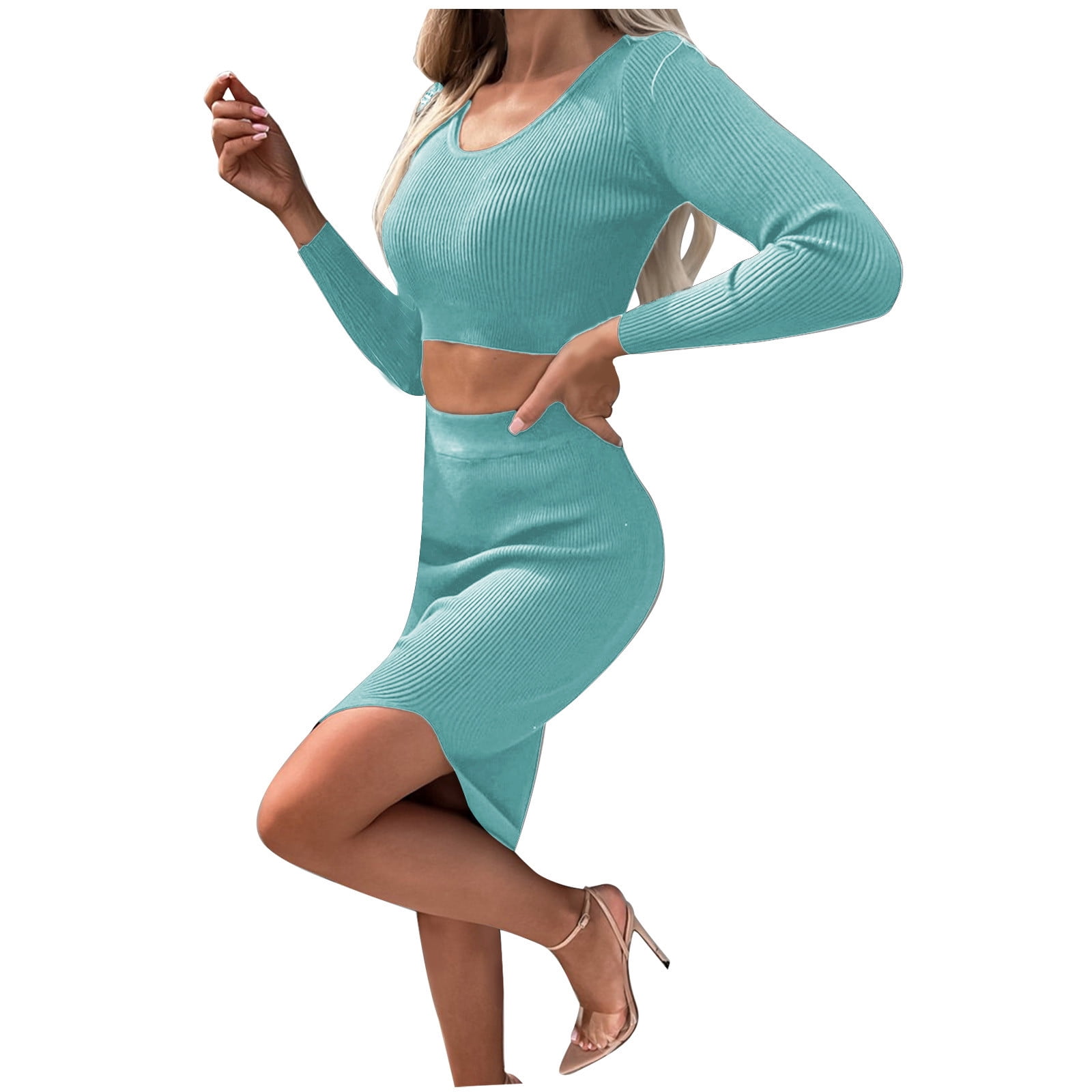 Womens 2 Piece Dress Outfits Long Sleeve Scoop Neck Crop Tops with High  Waist Slim Fitted Stretch Slit Midi Skirts Sets - Walmart.com