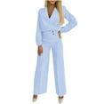 thumbnail image 1 of Womens 2 Piece Dressy Pant Suits Deep V Neck Long Sleeve Top Fall Wide Leg Long Pants Casual Rompers (XL, Light Blue), 1 of 9