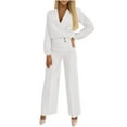 thumbnail image 1 of Womens 2 Piece Dressy Pant Suits Deep V Neck Long Sleeve Top Fall Wide Leg Long Pants Casual Rompers (XL, White), 1 of 9