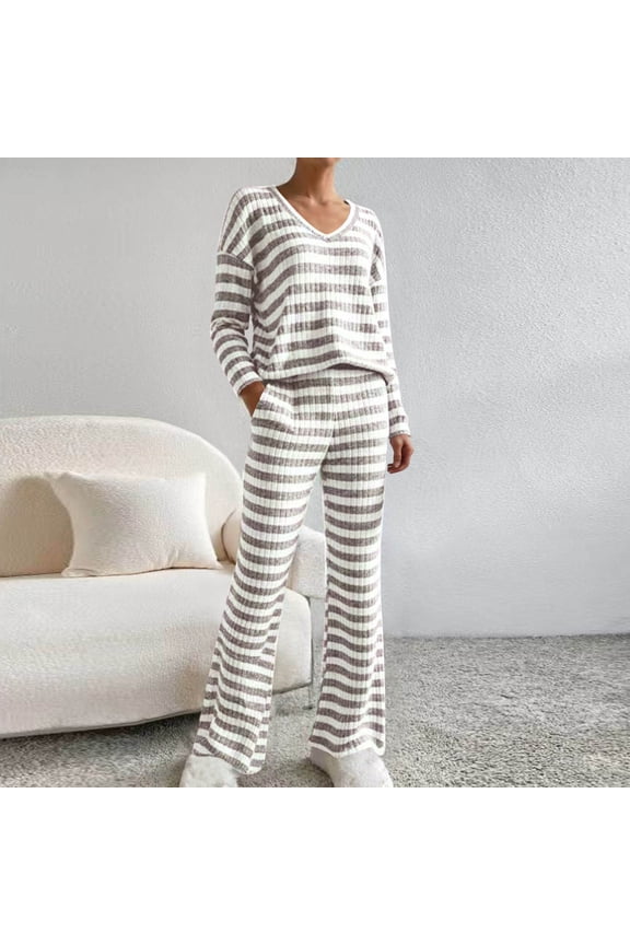 Womens 2 Piece Fall Casual Outfits Striped Long Sleeve Tops and Wide Leg Pants Matching Loungewear Sets Loose Tracksuit New Pants Set for Women Dressy Casual Khaki S