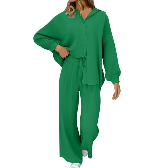 Womens 2 Piece Fall Outfits Long Sleeve Button Down Shirt and Wide Leg Pant Sets Loose Casual Streetwear (L, Green)