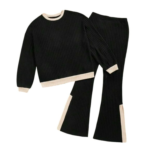 Womens 2 Piece Fall Sets Matching Pajamas Loungewear Long Sleeve Ribbed Tops Split Pants Color Block Casual Outfits Black, M
