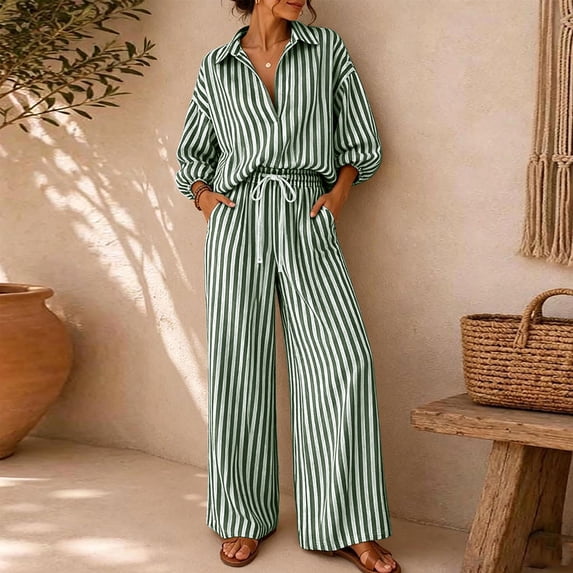 Womens 2 Piece Fall Striped Set 3/4 Sleeve V Neck Stand Up Collar Button Down Tops Elastic Drawstring Waist Wide Leg Pants Trendy Casual Outfit Green XXXL