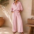 thumbnail image 1 of Womens 2 Piece Fall Striped Set 3/4 Sleeve V Neck Stand Up Collar Button Down Tops Elastic Drawstring Waist Wide Leg Pants Trendy Casual Outfit Pink XXL, 1 of 7
