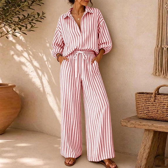 Womens 2 Piece Fall Striped Set 3/4 Sleeve V Neck Stand Up Collar Button Down Tops Elastic Drawstring Waist Wide Leg Pants Trendy Casual Outfit Pink XXL
