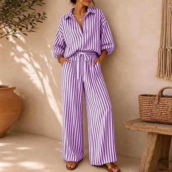 Womens 2 Piece Fall Striped Set 3/4 Sleeve V Neck Stand Up Collar Button Down Tops Elastic Drawstring Waist Wide Leg Pants Trendy Casual Outfit Purple S