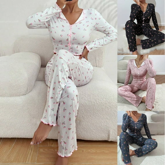 Womens 2 Piece Floral Print Pajama Set V Neck Button Front Long Sleeve Comfort Trim