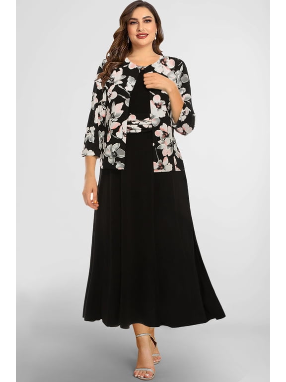 Womens 2 Piece Formal Maxi Dress Set Black Sleeveless Dress 3/4 Sleeve Floral Open Front Jacket