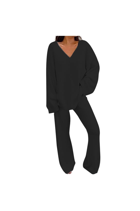 Womens 2 Piece Fuzzy Fleece Lounge Sets Long Sleeve V Neck Pajama Set Fluffy Pjs Matching Loungewear