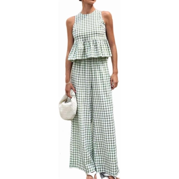 Womens 2 Piece Gingham Plaid Set Sleeveless Ruffle Tank Top Wide Leg Pants Summer Matching Lounge Outfits