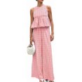 thumbnail image 1 of Womens 2 Piece Gingham Plaid Set Sleeveless Ruffle Tank Top Wide Leg Pants Summer Matching Lounge Outfits, 1 of 8