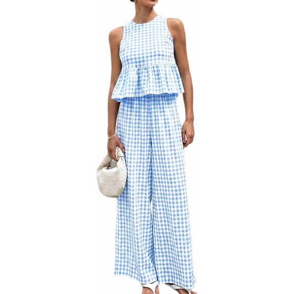 Womens 2 Piece Gingham Plaid Set Sleeveless Ruffle Tank Top Wide Leg Pants Summer Matching Lounge Outfits