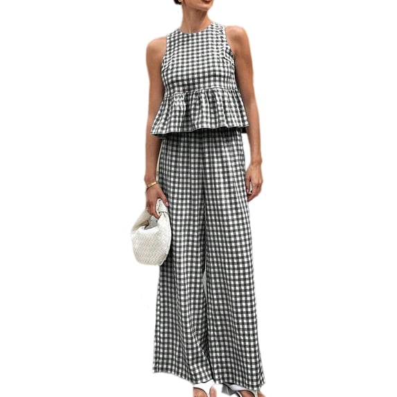 Womens 2 Piece Gingham Plaid Set Sleeveless Ruffle Tank Top Wide Leg Pants Summer Matching Lounge Outfits