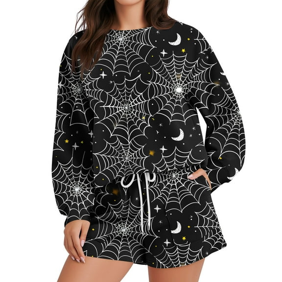 Womens 2 Piece Halloween Outfits Sweat Shorts Sets Loose Casual Lounge Matching Set Sweatsuit Tracksuit Fall Clothes, L