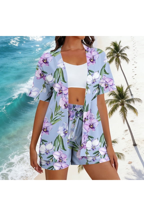 Womens 2 Piece Hawaiian Beach Outfits Short Sleeve Cardigan Blouses Tops and Drawstring Shorts Set Summer Beach Vacation Beachwear