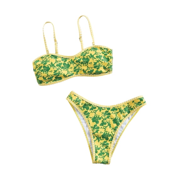 Womens 2 Piece Hawaiian Print Bikini Spaghetti Strap Sleeveless Triangle Top Tied Side Bottoms Tankini Outfit for Summer Beach Yellow L