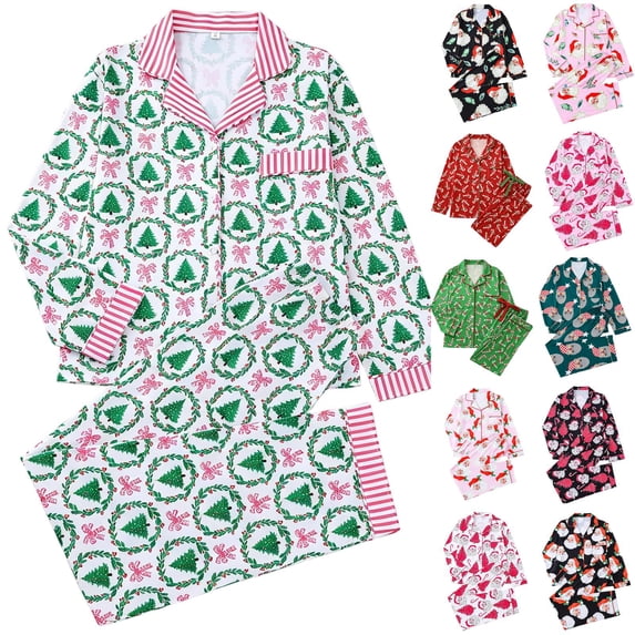 Womens 2 Piece Holiday Sleepwear Set Long Sleeve Button Up Pajama Top and Full Length Pants Notch Collar Chest Pocket Striped Trim Christmas Pajama Set