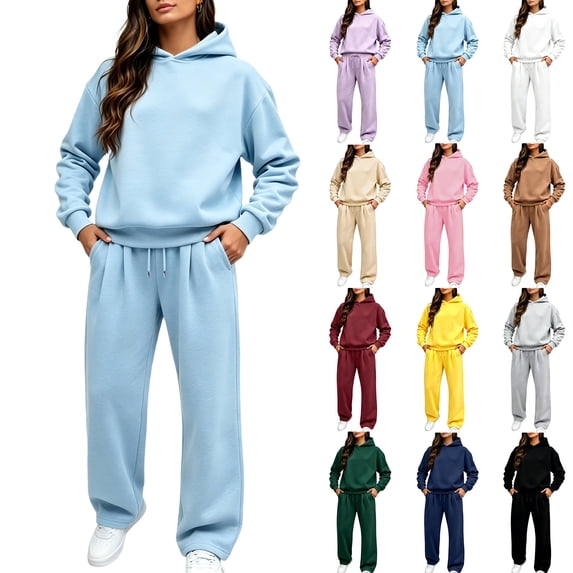 Womens 2 Piece Hoodie Set Fleece Oversized Pullover Hoodies Kangaroo Pocket Wide Leg Sweatpants Lounge Tracksuit