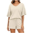 thumbnail image 1 of Womens 2 Piece Knitted Outfits for Women Casual V Neck Short Sleeve Tops and Shorts Pajama Sets Loungewear Beige, 1 of 7