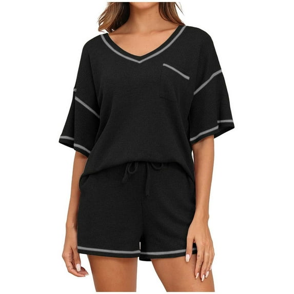 Womens 2 Piece Knitted Outfits for Women Casual V Neck Short Sleeve Tops and Shorts Pajama Sets Loungewear Black
