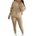 thumbnail image 1 of Womens 2 Piece Knitted Set Crew Neck Pullover Tops Drawstring Slim Leggings Casual Sports Ribbed Outfits (L, Khaki), 1 of 5