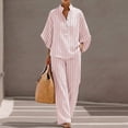 thumbnail image 1 of Womens 2 Piece Linen Outfits 3/4 Sleeve Top Wide Leg Pants Set Striped Button Down Lounge Matching Sets for Vacation, 1 of 3