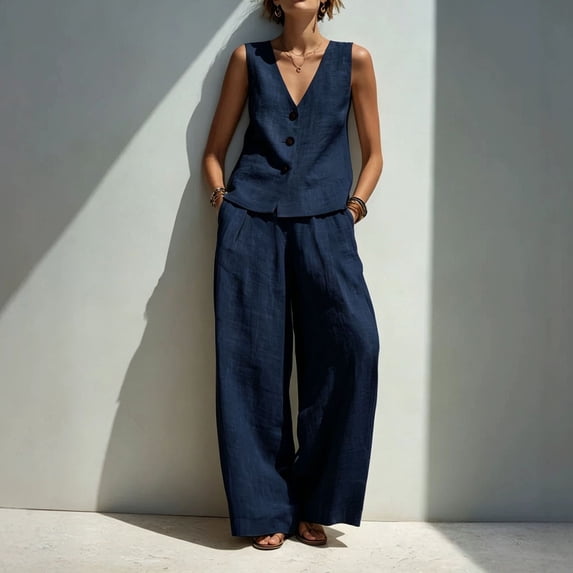 Womens 2 Piece Linen Set V-Neck Button Vest & High Waist Wide Leg Pants Casual Vacation Outfits Navy S