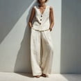 thumbnail image 1 of Womens 2 Piece Linen Set V-Neck Button Vest & High Waist Wide Leg Pants Casual Vacation Outfits White M, 1 of 5