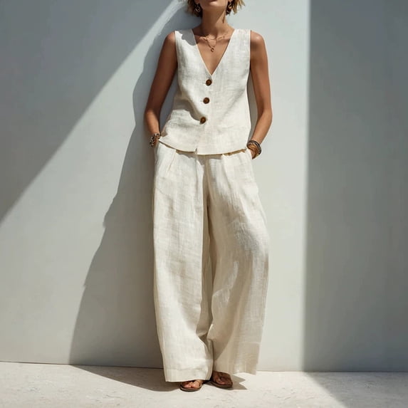 Womens 2 Piece Linen Set V-Neck Button Vest & High Waist Wide Leg Pants Casual Vacation Outfits White M