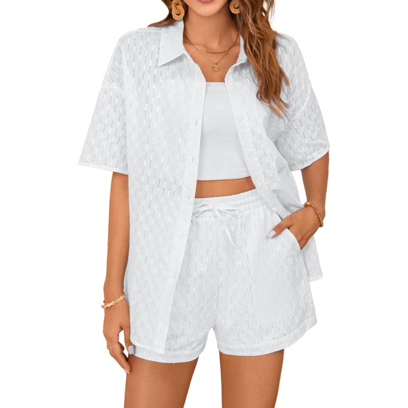 Womens 2 Piece Linen Sets Botton Down Shirt Drawstring Shorts Summer Beach Vacation Outfits Lounge Set