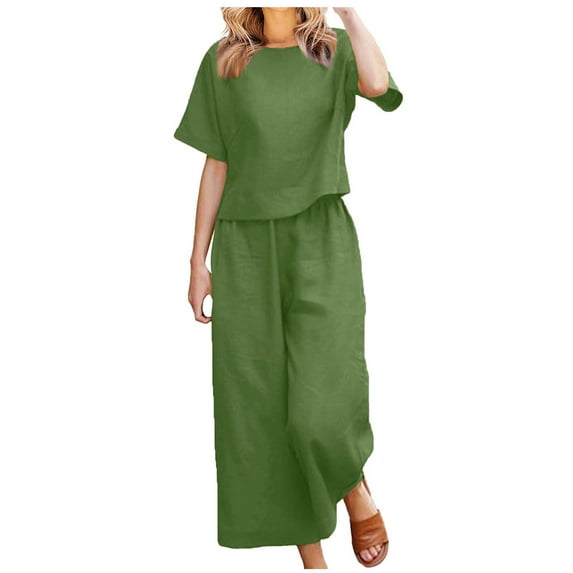 Womens 2 Piece Linen Sets Lounge Matching Set Cruise Casual Vacation Outfits Summer Wide Leg Pants