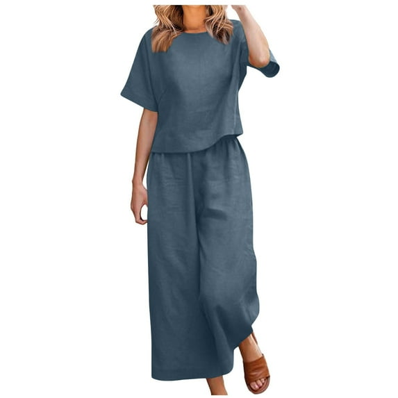 Womens 2 Piece Linen Sets Lounge Matching Set Cruise Casual Vacation Outfits Summer Wide Leg Pants
