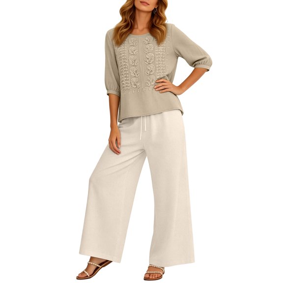Womens 2 Piece Linen Suits 2026 Summer Plus Size 3/4 Sleeve Embroidered Tops Wide Leg Pants Casual Boho Beach Cute Outfits